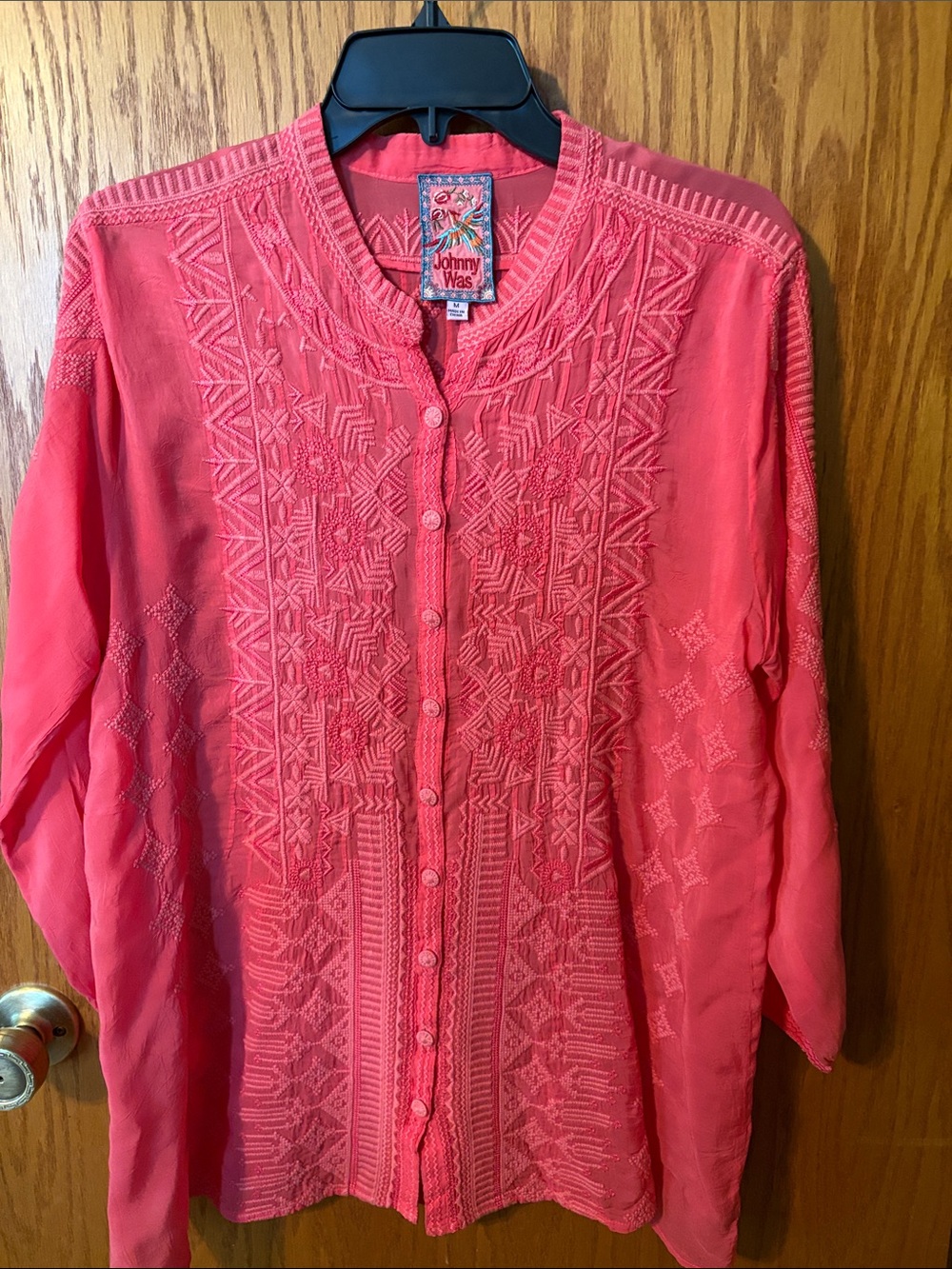 Johnny Was Coral Pink Embroidered Button-Up Blouse